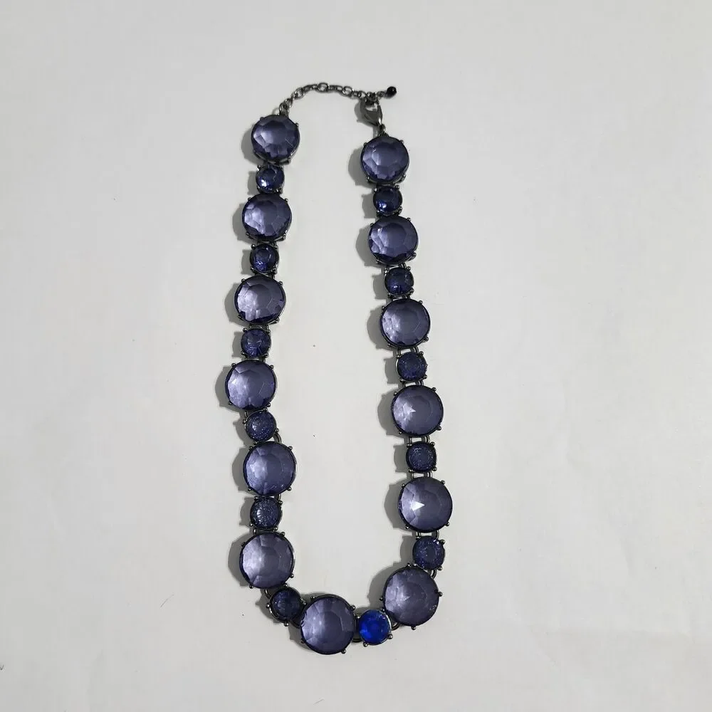 Necklace Gun Metal Blue Acrylic Round Circular Rhinestone Statement Adjustable